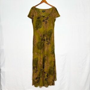 Vintage Gala Collection Maxi Dress Paisley Floral Short Sleeve Green Size XL USA